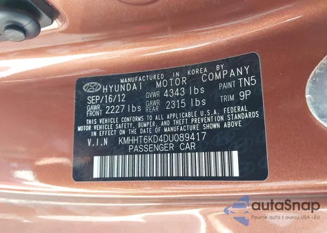 2013 Hyundai Genesis 2.0T Premium z USA, uszkodzony, nr VIN KMHHT6KD4DU089417